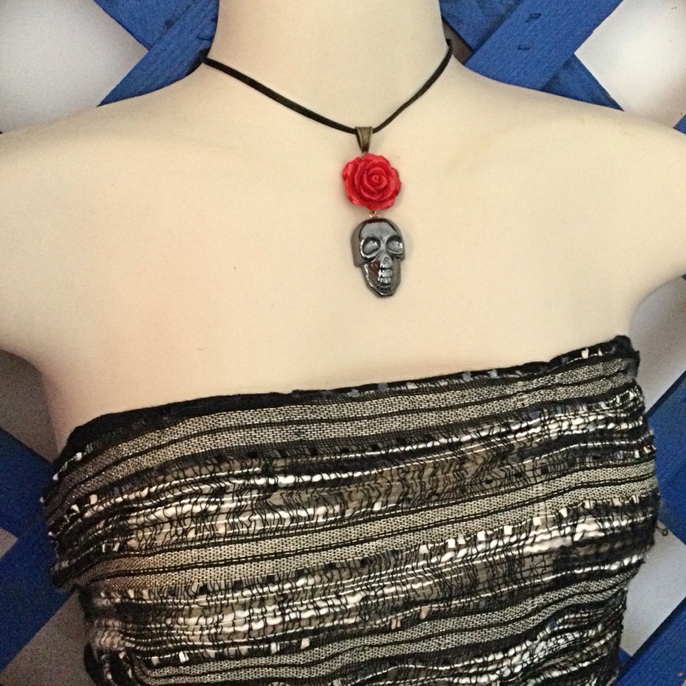 Gothic Skull Rose Necklace, Leather Tie, Hematite Skull, Gothic Necklace